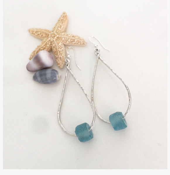 Blue Recycled Glass Petal Shaped Earrings