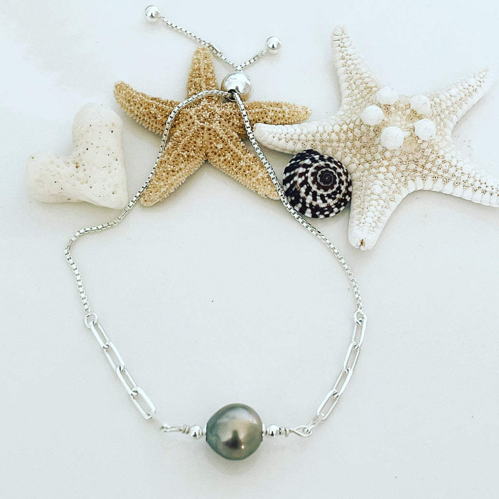 Adjustable Sterling Silver Tahitian Pearl Bracelet